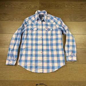 Wrangler Western Blue Plaid Pearl Button Breast Cancer Awareness Shirt Sz L